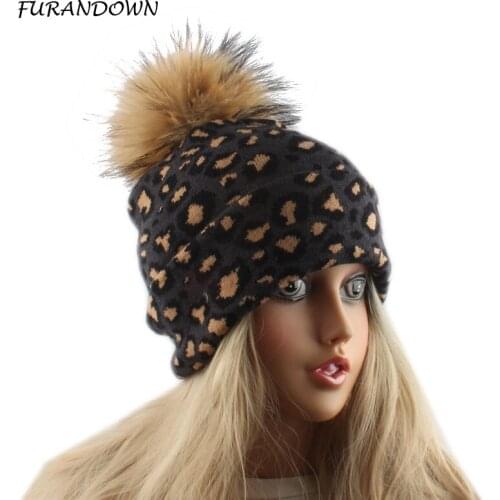 Winter Hats For Women Leopard Knitted Beanie Cap Real Fur Pompom Hat Cashmere Rabbit Knit Slouchy Beanies Ladies Skullies