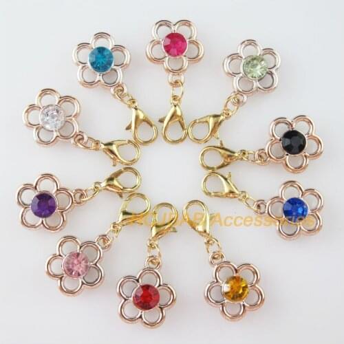 10 New Flower Charms With Lobster Claw Clasps KC Gold Color Mixed Crystal 15x17mm
