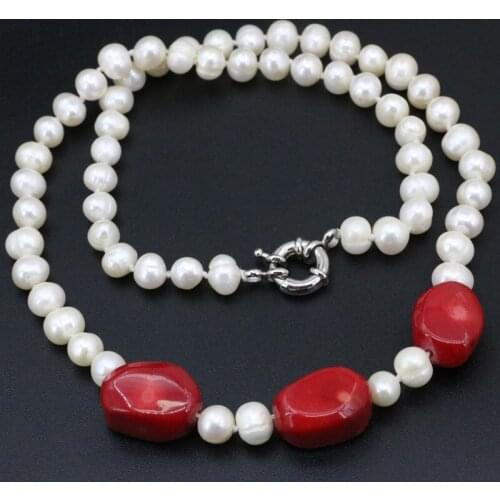 Women Jewelry Beaded Necklace White Natural Freshwater Cultured Pearl Coral Beads Necklaces 7-8mm Wedding Diy Gifts 18inch B3400