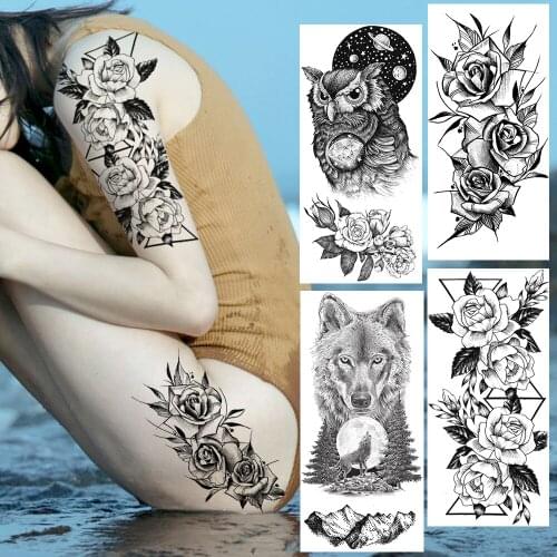 Creative Flower Temporary Tattoos For Party Seaside Body Art Painting Arm Legs Tatoo Fake Black Owl Wolf Planets Geometric Tatoo