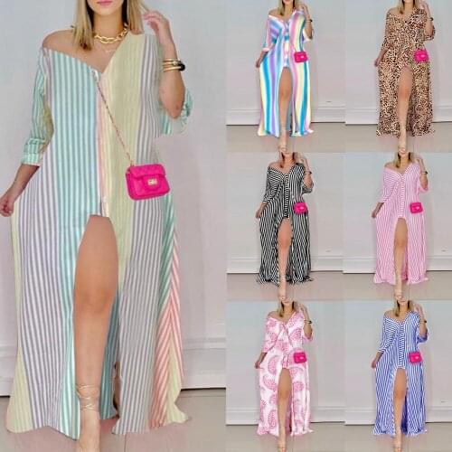 Fashion Women V Neck Striped Dress Autumn Long Sleeve Buttons Maxi Long Dress Elegant Shirt Vestidos Femme