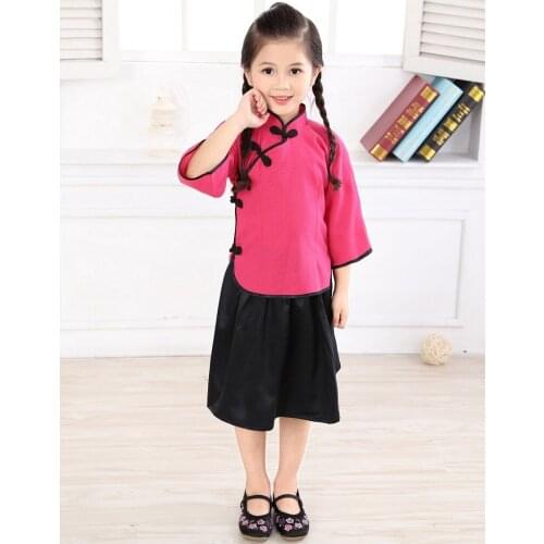 Fashion Baby Girl School Dress Suits Chinese Traditional Graduation Costumes Children Jumper Shirt+Skirts Clothes Suit Qipao Set