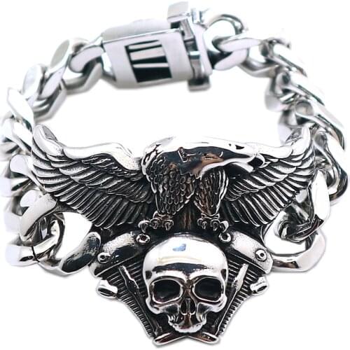 Mens 316L Stainless Steel Cool Motorcycle Eagle Biker Skull Rider Bracelet