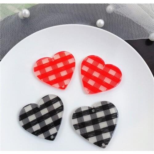 New style 50pcs/lot color lattice pattern print cartoon hearts shape acrylic beads diy jewelry earring/garment accessory
