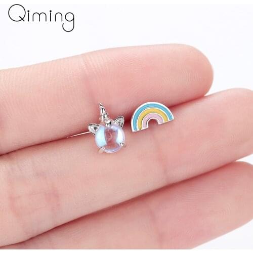Unicorn Rainbow Stud Baby Earrings Kids Children Jewelry Asymmetry fashion Stone Animal Fashion Cute Earrings Women Gift