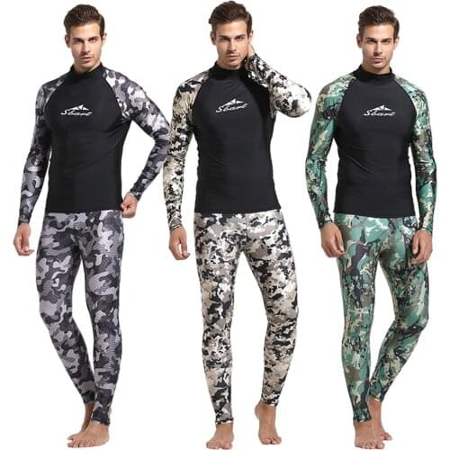 SBART Mens Camouflage Long Sleeve Life Jacket Swimsuit UPF 50+ Top And Bottom Basic Diving Skin Surfing Swimming Sunscreen
