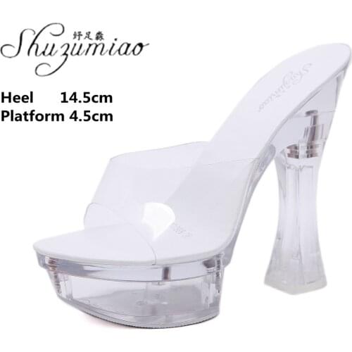 Girl Clear Crystal Shoes Solid Color Platforms Super High Heel slippers 14 CM Walking Show Striptease Large Size Womens Shoes