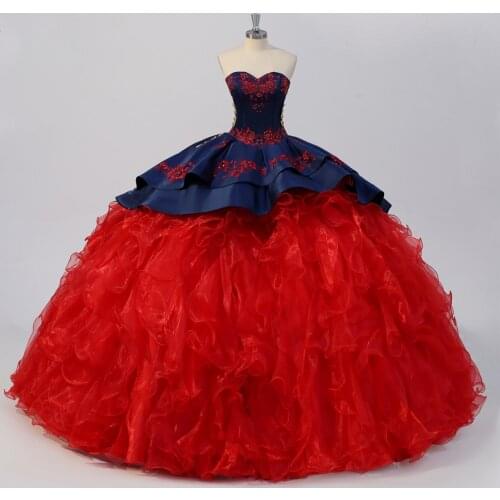 Mexican Charra Navy Blue with Red Embroidery Quinceanera Dresses Ball Gown Metal buttons Sweet 15 Dress Custom Size