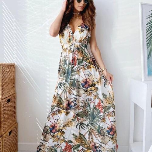 Summer Sleeveless Flower Print Women Long Dress V-Neck High Waist A-Line Female Dresses 2021 Fashion Vacation Party Lady Clothes