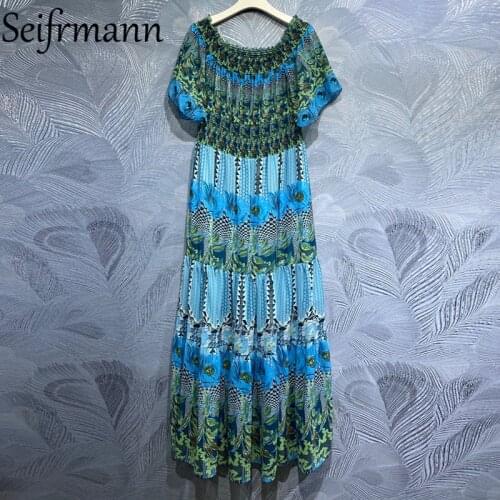 Seifrmann New 2021 Summer Women Fashion Runway Maxi Dress Sexy Slash neck Ruffles Elastic Waist Printed Holiday Long Dresses
