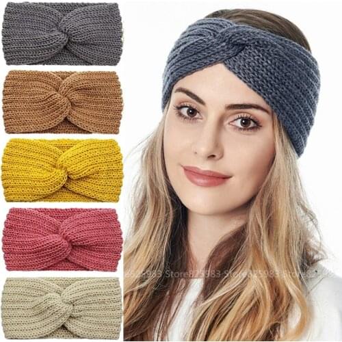 Wool Knitted Winter Headband for Women Knot Bandana Turban Headwrap Elastic Ear Warmer Hairbands Pom Scrunchie Hair Accessories
