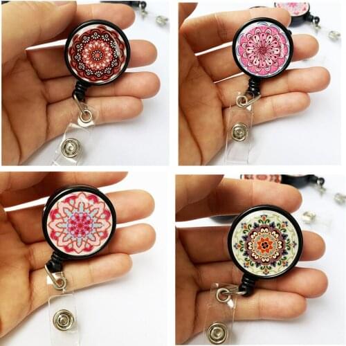 1Pc Colorful Flower ID Badge Holder Clip Retractable Name Tag Card Holder Key Ring Office Supplies