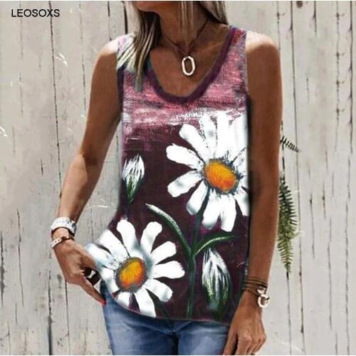 2021 Summer New Chrysanthemum Print Round Neck Womens Sleeveless T-shirt Fashion Casual Retro Vest Tops Female