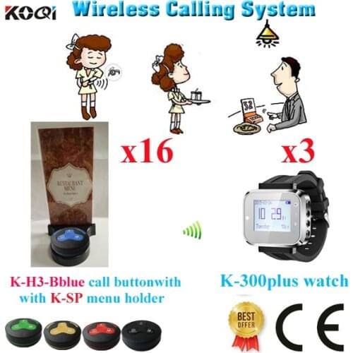 Wireless Table Buzzer Menu Holder Waiter System Top Popular Restaurant Pager Full Equipment(3 watch+16 button+16 menu holder)