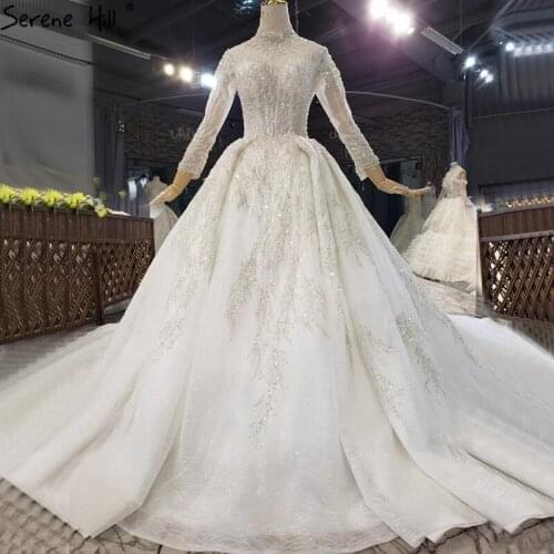 Serene Hill Dubai Ivory Sparkle High Collar Wedding Dress 2020 Beading Long Sleeve Luxury Bridal Gown Custom Made CHX0229