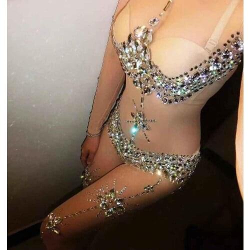 Sparkly Rhinestone Mesh Stretch Jumpsuit Long Sleeve Crystal Transparent Leotard Sexy Nightclub Outfit Performance Dance Costume
