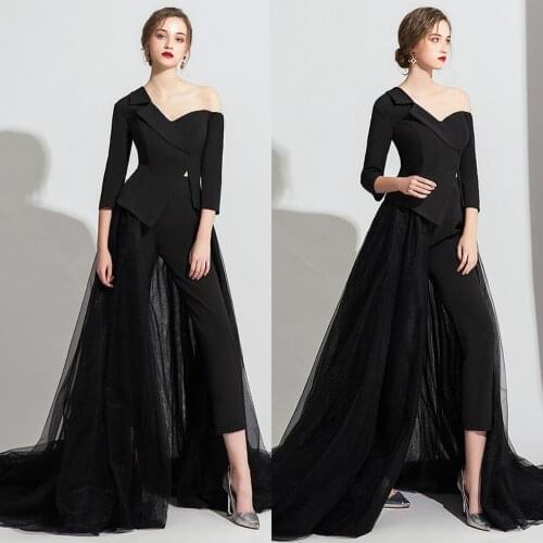 Black Jumpsuit 2020 Evening Dresses With Overskirts Long Sleeve Two Pieces Formal Prom Dress Robes De Soirée
