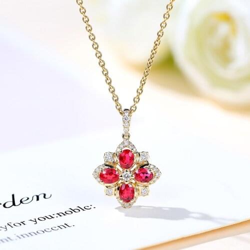 CxsJeremy Solid 14K 585 Yellow Gold Natural Ruby Four-leaf Clover Pendant Diamond Necklace Bridal Wedding Engagement Jewelry