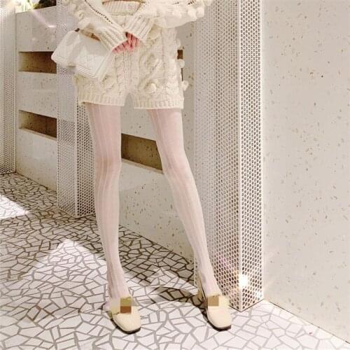 Elegant French Retro Thights for Girls Side Lace White Tights with Vertical Stripes Floral Fishnet Stocking Women Sweet Thigh