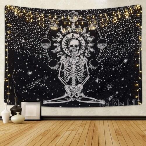 Skull Tapestry Meditation Skeleton Chakra Starry Black And White Stars Wall Hanging For Room