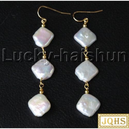 JQHS natural Dangle Baroque 12mm rhombus white pearls Beaded Earrings 14KT gold hook j11665
