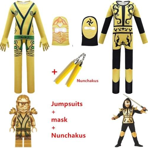 Ninja Costume Kids Gold Sliver Dragon Ninja Cosplay Superhero Jumpsuits with Nunchakus Halloween Costume for Kids