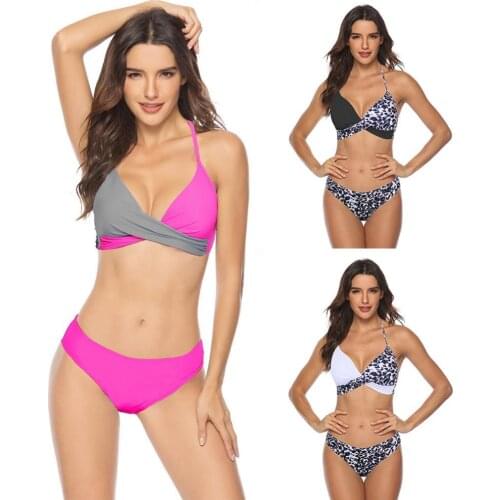 70% Hot Sell Women Color Block Leaves Print Padded Bra Briefs Bondage Bikini Set Swimsuit
