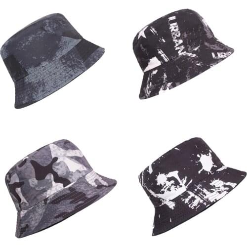 Unisex Black Gray Graffiti Tie-Dye Print Bucket Hat Harajuku Hip Hop Wide Brim Sunscreen Reversible Panama Fisherman Cap