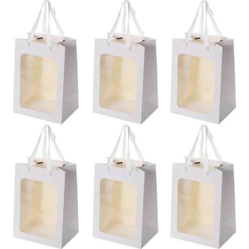 6 Pieces Gift Bags, [Transparent Window] Paper Packing Bags With Handle For Wedding Party Birthday Parties Jewelry 20*16*30 Cm