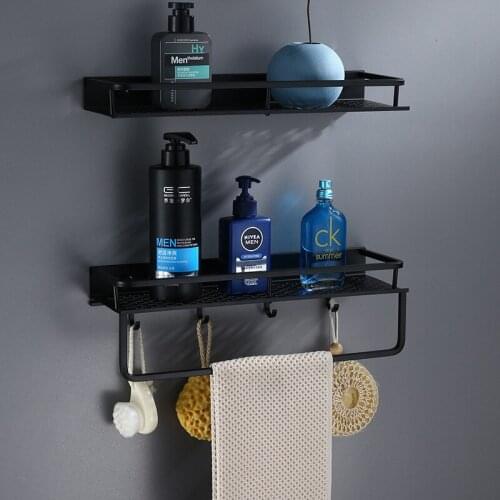 Bathroom Shelf With Towel Bar Wall Mounted Space Aluminum Bath Shower Shelf Black Bath Shampoo Holder Basket Holder Corner shelf