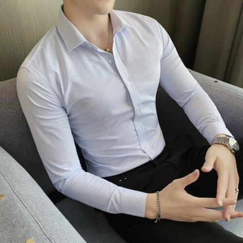 British Style Bamboo Fiber Long Sleeve Striped Shirt Men Clothing Anti-Wrinkle Non-Iron Silky Slim Fit Chemise Homme Formal Wear