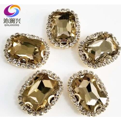 Gold bottom Rectangle shape Light coffee top quality glass crystal buckle,sew on rhinestones for diy jewelry accessories SWCBG04
