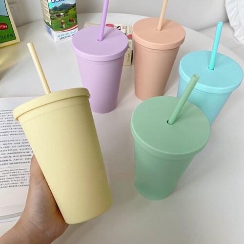 Candy Color Straw Cup Double-Layer Plastic Frosted Water Cup Coffee Juice Straw Mug 450ml Portable Outdoor Straw Cups