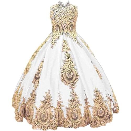 Luxurious Black and Gold Lace Flower Girls Dress High Neck with Corset Back Crystal Designer Girl First Communion Pageant Gown