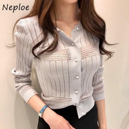 Neploe O Neck Long Sleeve Single Breast Knit Sweater Cardigans Women Sexy Hollow Out Design Slim Fit Pull Femme Spring Sueter