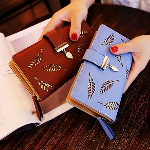 Women Wallet PU Leather Purse Female Long Wallet Gold Hollow Leaves Pouch Handbag for Women Coin Purse Card Holders Clutch
