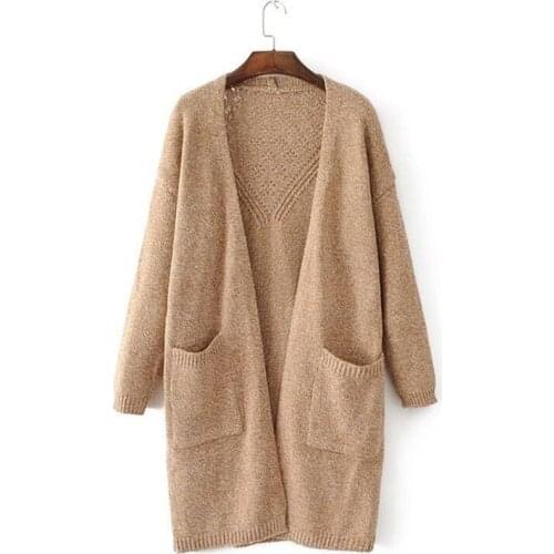Women Slim Fit Knitted Sweaters Long Cardigan Autumn Winter Back Hollow Out Oversized Sweater Big Pockets