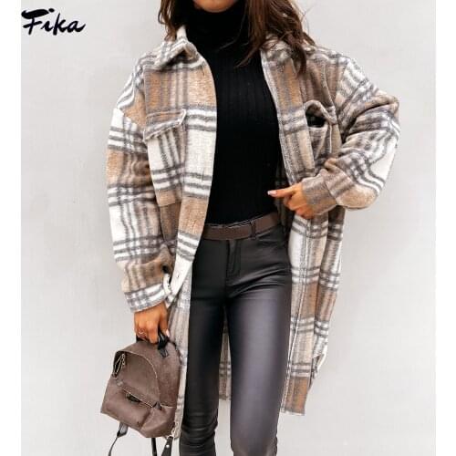 2021 Vintage Women Long Jacket Thick Plush Turn Down Overcoat Plaid Coat Winter Oversized Retro Female Streetwear Shirt Jacket