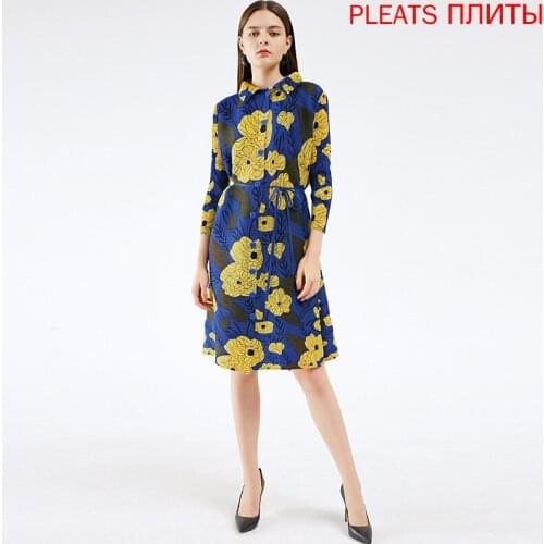 Womens Long-Sleeved Printed Medium-Length Dress MIYAKE Pleats Dresses Oversized One Piece Vestido De Mujer