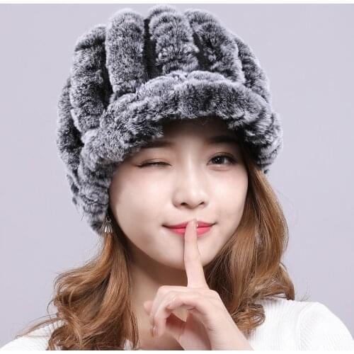 Winter womens hats of real rex rabbit fur ladies cap warm thicken short brim strip knitted caps 5colors wholesale price H12