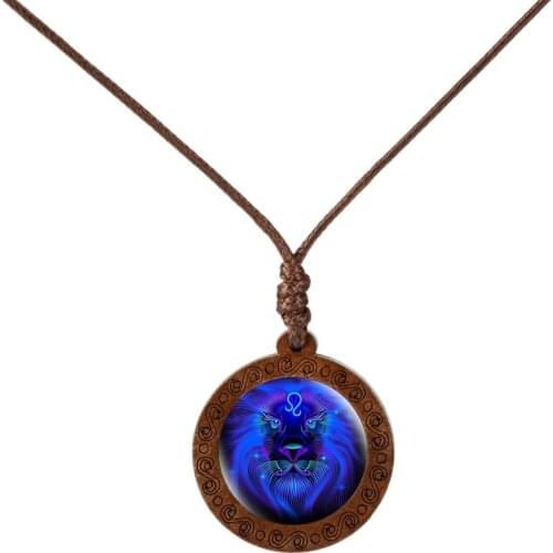 12 Constellations Zodiac Signs Glass Wood Pendant Necklace Woman Man Birthday Christmas Gift Wholesale Fashion Jewelry