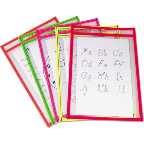 5PCS Reusable Fashionable Clear PVC Dry Erase Pockets Sleeves + 3PCS Pens for Office Classroom Teaching Supplies Random Color