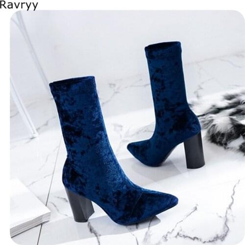 Fashion Womans blue short boots elastic suede leather autumn winter women ankle boot square heel pointed toe female shoes