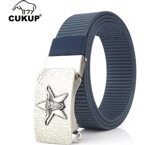 CUKUP Mens New Unique Design Cattle Head & 5 Star Buckle Belt Accessories Quality Fashion Nylon & Canvas Belts for Men CBCK251