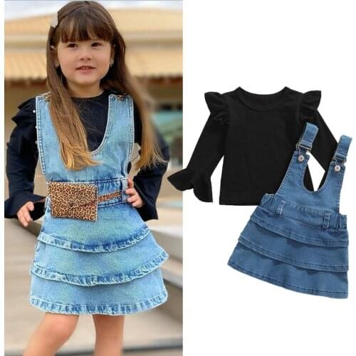 FOCUSNORM 0-4Y Fashion 2pcs Baby Girls Clothes Sets Ruffles Long Flare Sleeve Solid T Shirts+Denim Suspender Dress