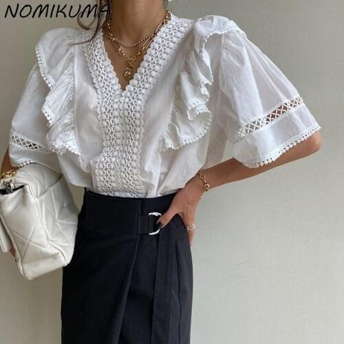 Nomikuma Lace Embroidery Hollow-out Blouse Shirt Korean V-neck Ruffle Flare Sleeve Womens Tops 2021 New Elegant Blusas 6K403