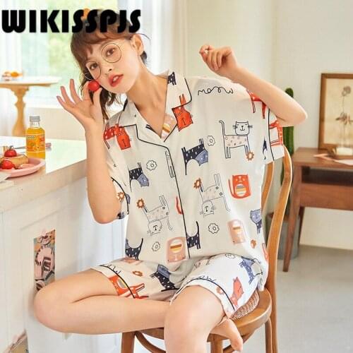 Summer Ice Silk Short Sleeve Cartoon Cat Thin Home Wear Two Piece Set Summer Pajamas for Teen Girls Kawaii Pajama Sleepwear