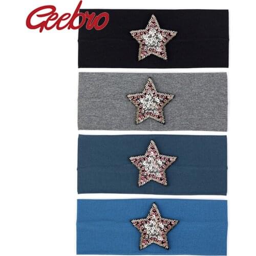 Geebro Hot Selling Women Cotton Stretch Star Rhinestones Headbands Casual Solid Head bands For ladies Hair Bands Accessories