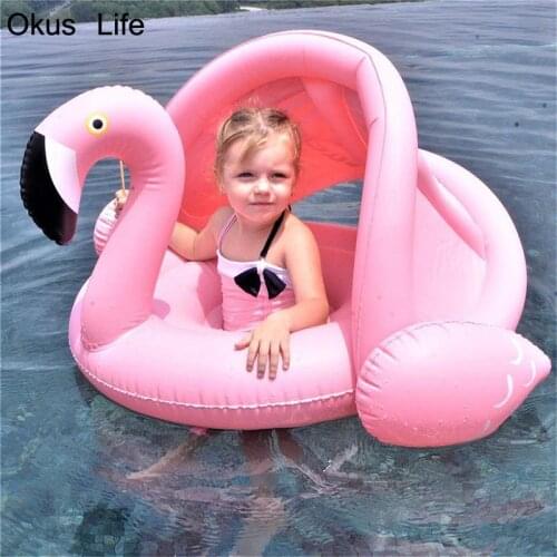 0-3 Years Old Baby Inflatable Flamingo Swan Pool Float with Sunshade Ride-On Swimming Ring Safe Seat Infant Circle Outdoor Chair