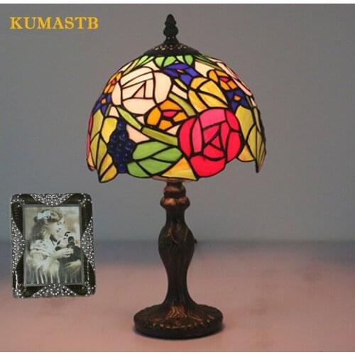 8 Inch Tiffany Flesh Flowers Table Lamp European Style Stained Glass Desk Lamp for Bedroom Bedside Light E27 110-240V
